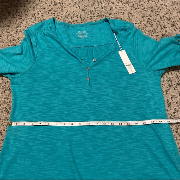 NWT Chico’s Aqua Azul Cotton Slub Henley Elbow Basic Knit Short Sleeve Top Sz L - Picture 8 of 10
